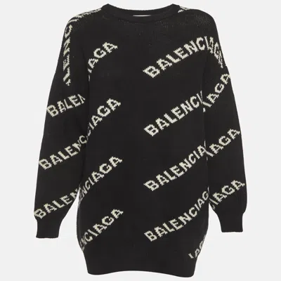 Pre-owned Balenciaga Black/white All-over Logo Intarsia Wool Knit Sweater S