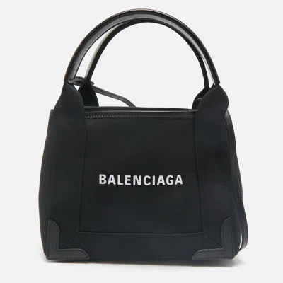 Pre-owned Balenciaga Black/white Canvas And Leather Xs Cabas Tote