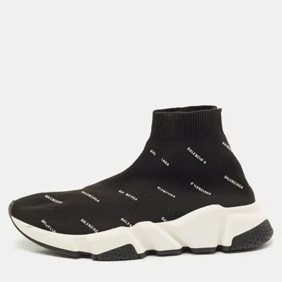 Pre-owned Balenciaga Black/white Knit Fabric Allover Logo Speed Trainer Sneakers Size 37