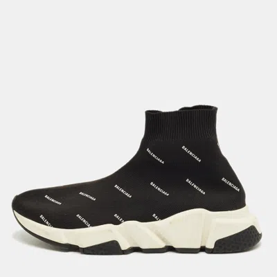 Pre-owned Balenciaga Black/white Knit Fabric Allover Logo Speed Trainer Sneakers Size 37