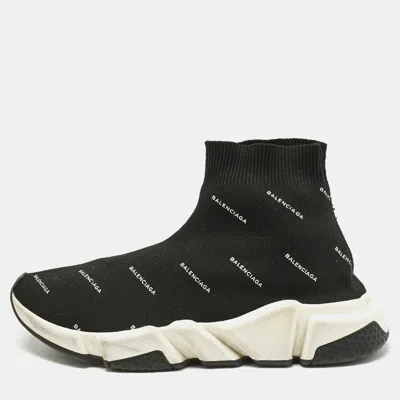Pre-owned Balenciaga Black/white Knit Fabric Allover Logo Speed Trainer Sneakers Size 39