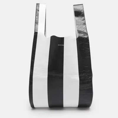 Pre-owned Balenciaga Black/white Leather Supermart Shopper Tote