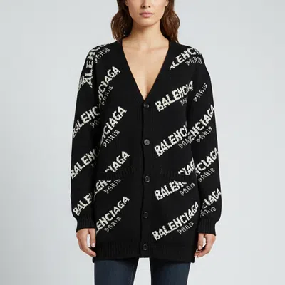 Pre-owned Balenciaga Black/white Logo Intarsia Knit V-neck Long Cardigan L