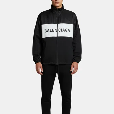 Pre-owned Balenciaga Black/white Logo Print Denim And Nylon Oversized Jacket Xs