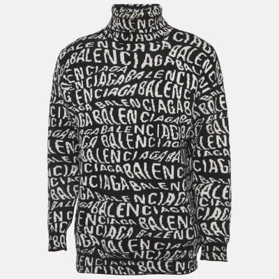 Pre-owned Balenciaga Black/white Logo Wave Knit Turtleneck Sweater Xs