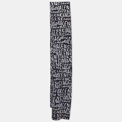 Pre-owned Balenciaga Black/white Wave Logo Intarsia Scarf