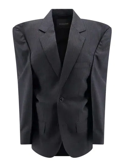 Balenciaga Cut Away Boxy Wool Blazer With Striped Motif In Grey
