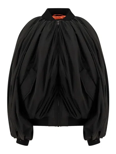 Balenciaga Draped Black Bomber Jacket In Technical Micro-faille