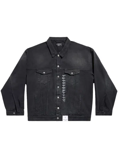 Balenciaga Bleached Black Denim Jacket With Applique Logo Detail