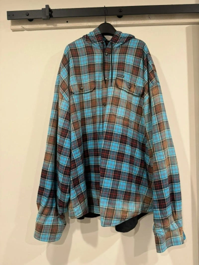 Pre-owned Balenciaga Bleached Hooded Flannel Shirt In Blue/brown