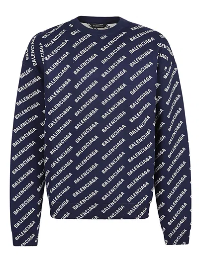 Balenciaga Blue Allover Logo Crewneck Sweater For Men