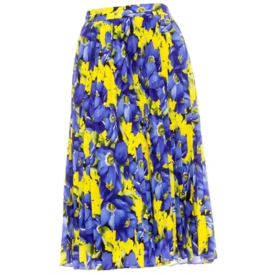 Pre-owned Balenciaga Blue And Yellow Crêpe De Chine Floral-print Pleated Skirt