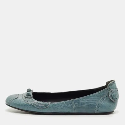 Pre-owned Balenciaga Blue Brogue Leather Arena Studded Ballet Flats Size 39.5