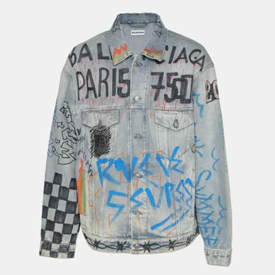 Pre-owned Balenciaga Blue Denim Graphic Print Jacket Xxxs