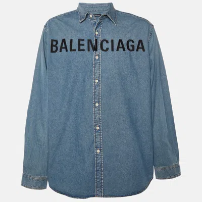 Pre-owned Balenciaga Blue Denim Logo Embroidered Oversized Shirt M