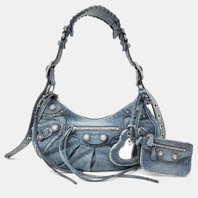 Pre-owned Balenciaga Blue Denim Rhinestone Le Cagol Small Bag