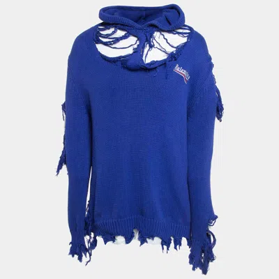 Pre-owned Balenciaga Blue Distressed Cotton Rib Layered Oversize Hoodie L