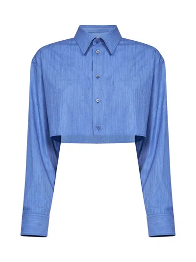 Balenciaga Blue Fluid Heather Wool-silk Blend Cropped Shirt In Multi