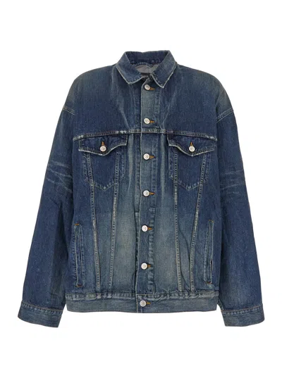 Balenciaga Blue Jacket With Classic Collar And Maxi Logo Print On The Rear In Denim Man In Multicolor