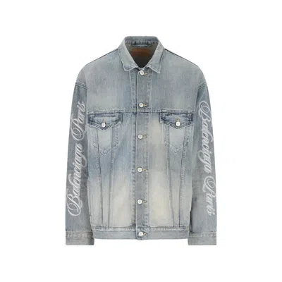 Balenciaga Lettering Denim Jacket In Blue