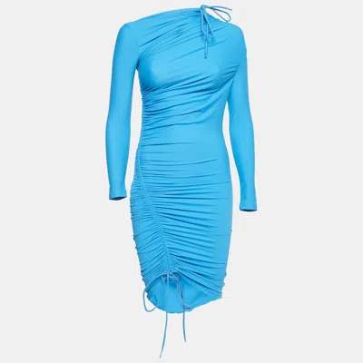 Pre-owned Balenciaga Blue Jersey Ruched Asymmetric Mini Dress S