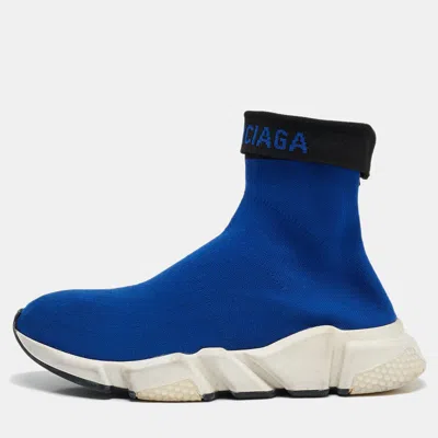 Pre-owned Balenciaga Blue Knit Fabric Speed Trainer High Top Sneakers Size 39
