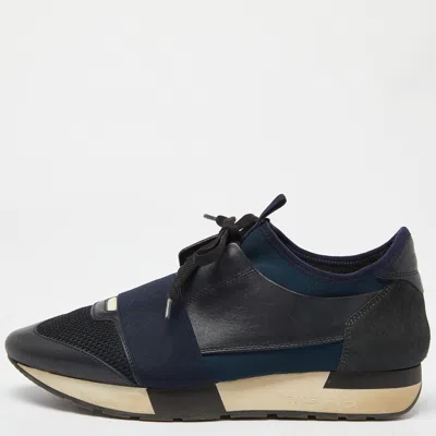 Pre-owned Balenciaga Blue Leather And Stretch Fabric Race Runner Low Top Sneakers Size 39