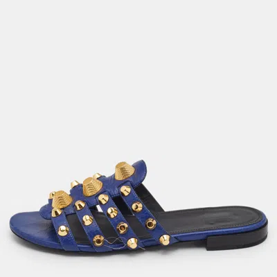 Pre-owned Balenciaga Blue Leather Arena Flat Slides Size 38