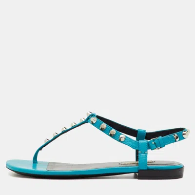 Pre-owned Balenciaga Blue Leather Arena Studded T-strap Flat Sandals Size 37.5