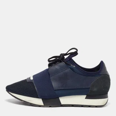 Pre-owned Balenciaga Blue Leather Mesh And Suede Race Runner Low Top Sneakers Size 38