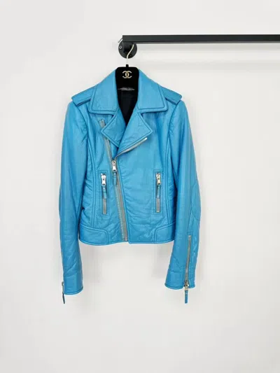 Pre-owned Balenciaga Blue Leather Moto Jacket - Dmc