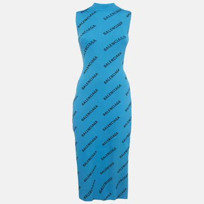 Pre-owned Balenciaga Blue Logo All-over Rib Knit Midi Wrap Dress M