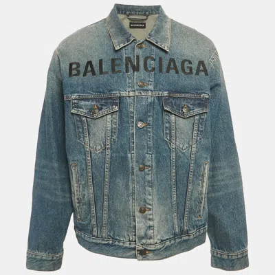 Pre-owned Balenciaga Blue Logo Embroidered Denim Oversized Jacket Xs