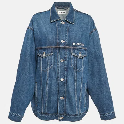 Pre-owned Balenciaga Blue Logo Embroidery Denim Oversized Jacket S