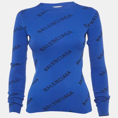 Pre-owned Balenciaga Blue Logo Print All-over Rib Knit Pullover Xs