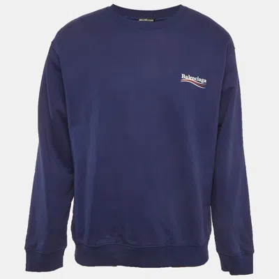 Pre-owned Balenciaga Blue Logo Print Cotton Knit Sweatshirt M