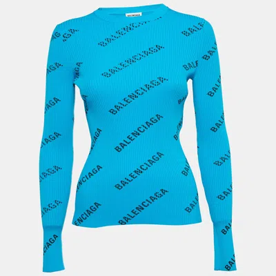 Pre-owned Balenciaga Blue Logo Print Rib Knit Full Sleeve Top S