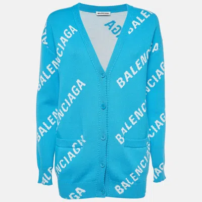 Pre-owned Balenciaga Blue Logo Printed Oversize Cardigan Xs