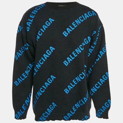 Pre-owned Balenciaga Blue Monogram Cotton Knit Crew Neck Sweater M