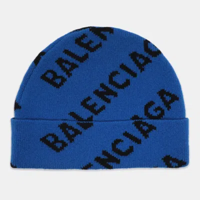 Pre-owned Balenciaga Blue Monogram Wool Knit Beanie