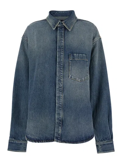 Balenciaga Blue Oversized Shirt With Chest Pocket And Washed Effect In Cotton Woman In Sunbleachedblue