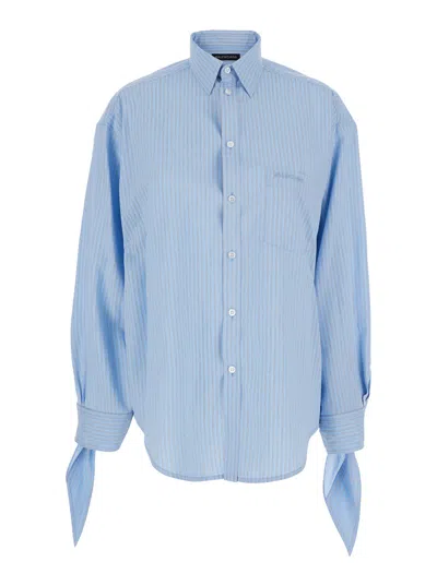 Balenciaga Blue Oversized Shirt With Embroidered Logo On The Front And Knotted Cuffs In Viscose Blen In Multicolor