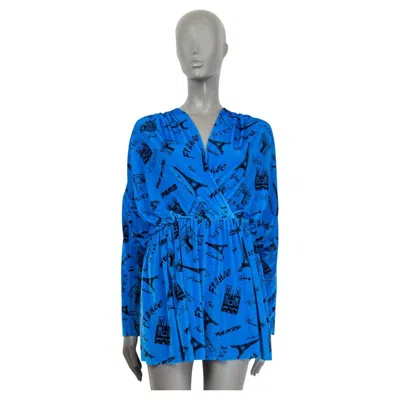 Pre-owned Balenciaga Blue Paris Print Stretch Velvet Short Jumpsuit 36 Xs
