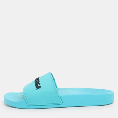 Pre-owned Balenciaga Blue Rubber Logo Pool Slides Size 40