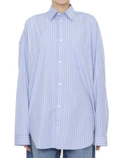 Balenciaga Blue Striped Cotton Shirt With Logo