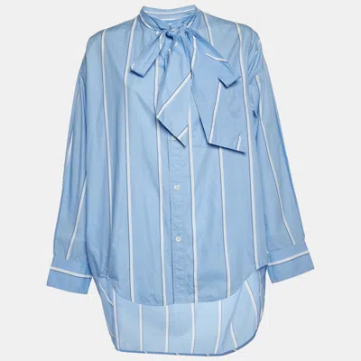 Pre-owned Balenciaga Blue Striped Logo Graphic Cotton Oversized Shirt S