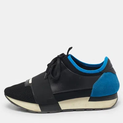 Pre-owned Balenciaga Blue/black Mesh And Suede Race Runner Low Top Sneakers Size 38