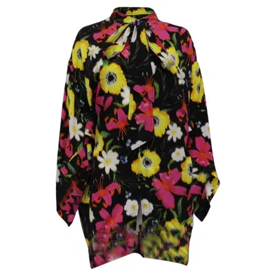 Pre-owned Balenciaga Blurry Bouquet-print Tie-neck Twisted Blouse In Floral Print Viscose In Black