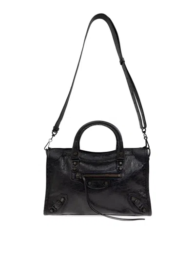 Balenciaga Leather Shoulder Bag With Front Zip Pocket In Black