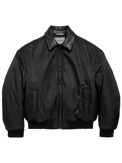 Balenciaga Bomber Cocoon In Twill Con Colletto In Pelle In Black